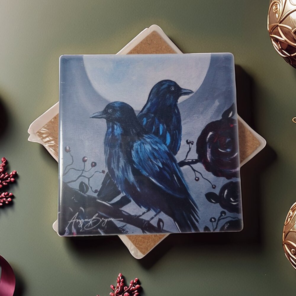 Crow Moon Art - Angie Bryan Creations Sandstone Coaster